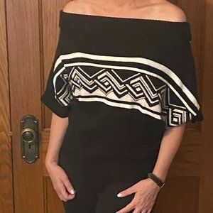 Black and white knit off-the-shoulder short sleeved sweater